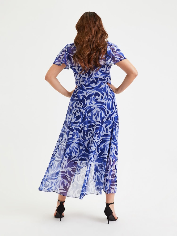Scarlett & Jo Blue Tilly Print Angel Sleeve Sweetheart Dress - Image 2 of 4
