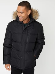 Threadbare Black Showerproof Hooded Padded Parka Jacket - Image 1 of 4