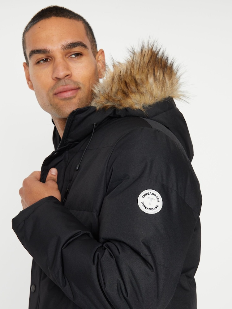 Threadbare Black Showerproof Hooded Padded Parka Jacket - Image 4 of 4
