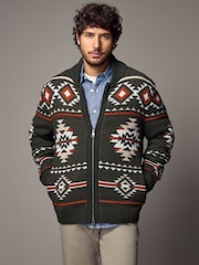 Green Navajo Style Regular Fit Pattern Shawl Zip Through Jumper with Wool - Image 1 of 9