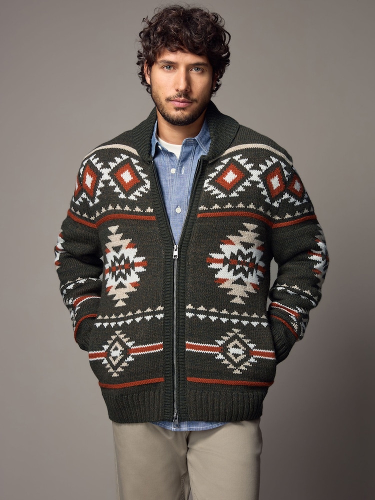 Green Navajo Style Regular Fit Pattern Shawl Zip Through Jumper with Wool - Image 1 of 9