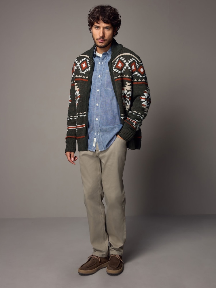 Green Navajo Style Regular Fit Pattern Shawl Zip Through Jumper with Wool - Image 2 of 9