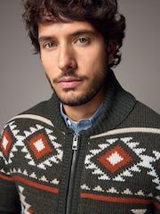 Green Navajo Style Regular Fit Pattern Shawl Zip Through Jumper with Wool - Image 3 of 9