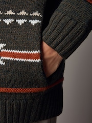Green Navajo Style Regular Fit Pattern Shawl Zip Through Jumper with Wool - Image 4 of 9
