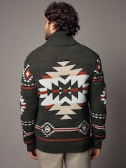 Green Navajo Style Regular Fit Pattern Shawl Zip Through Jumper with Wool - Image 5 of 9