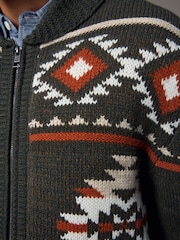 Green Navajo Style Regular Fit Pattern Shawl Zip Through Jumper with Wool - Image 6 of 9