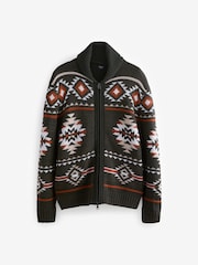 Green Navajo Style Regular Fit Pattern Shawl Zip Through Jumper with Wool - Image 7 of 9