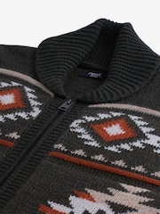 Green Navajo Style Regular Fit Pattern Shawl Zip Through Jumper with Wool - Image 9 of 9