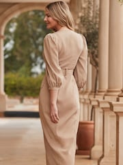 Sosandar Brown Button Front Belted Pencil Midi Dress - Image 2 of 5
