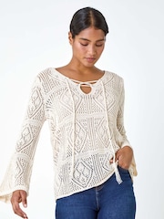 Roman White Crochet Tie Front Tunic Top - Image 1 of 5