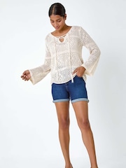 Roman White Crochet Tie Front Tunic Top - Image 2 of 5
