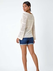 Roman White Crochet Tie Front Tunic Top - Image 3 of 5