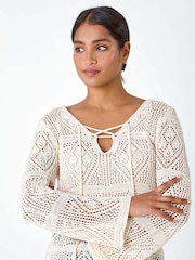 Roman White Crochet Tie Front Tunic Top - Image 4 of 5