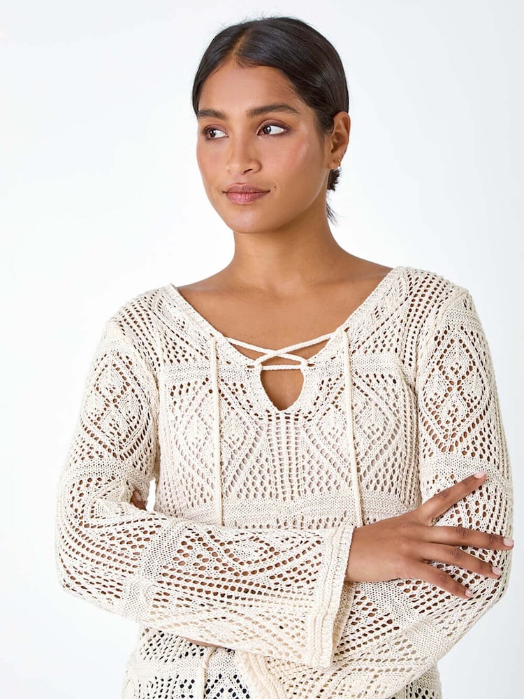 Roman White Crochet Tie Front Tunic Top - Image 4 of 5