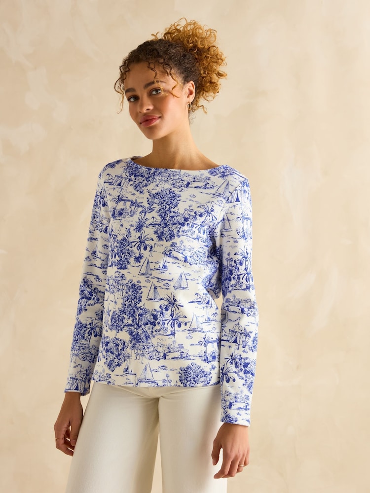 Joules Harbour Toile de Jouy Blue Boat Neck Printed Top - Image 1 of 6