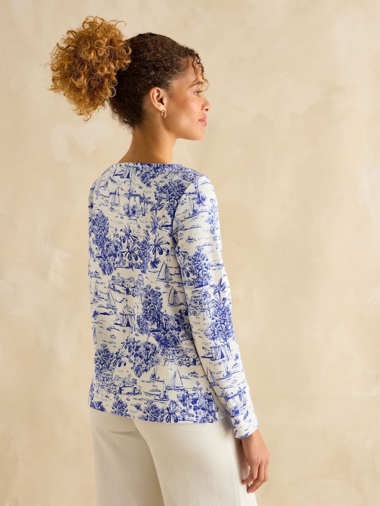 Joules Harbour Toile de Jouy Blue Boat Neck Printed Top - Image 2 of 6