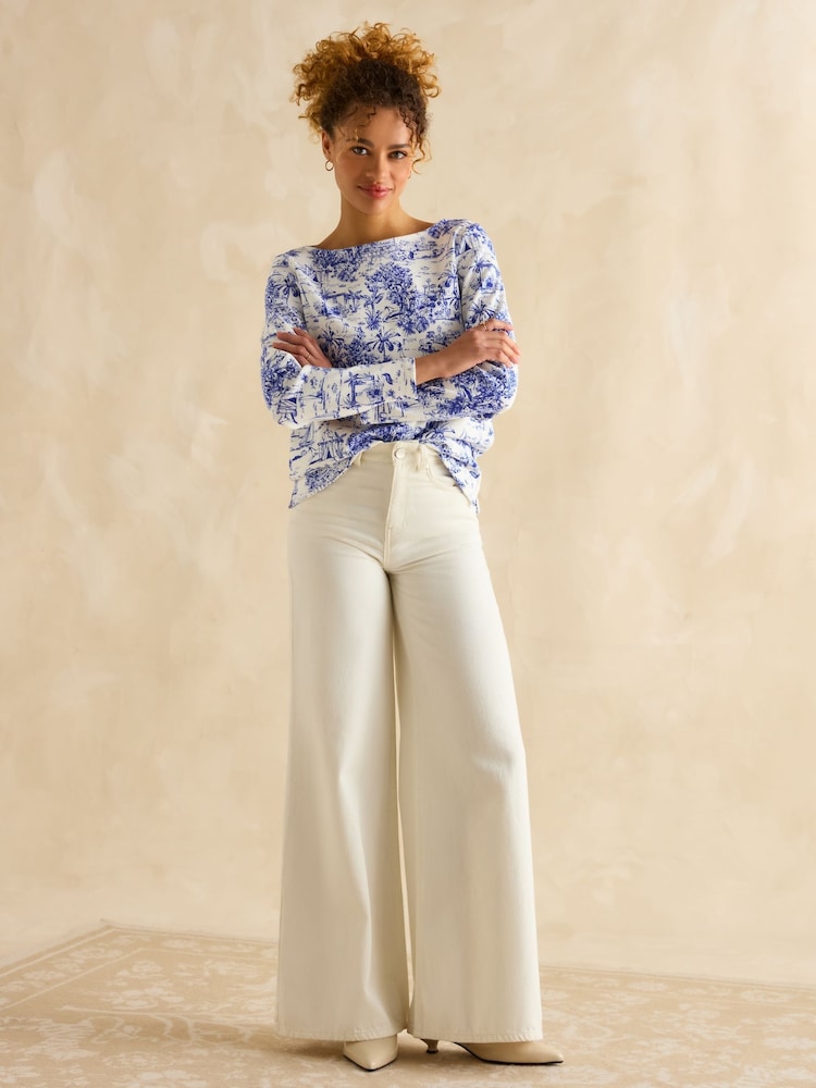 Joules Harbour Blue Toile de Jouy Boat Neck Printed Top - Image 3 of 6