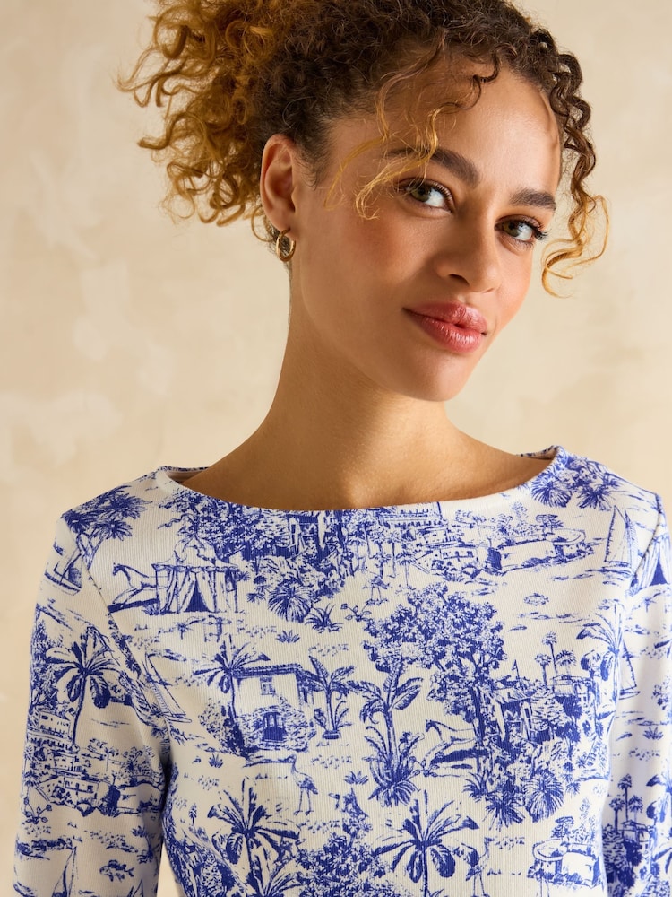 Joules Harbour Blue Toile de Jouy Boat Neck Printed Top - Image 4 of 6