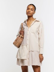 River Island Beige 100% Cotton Asym Detail Linen Shirt Dress - Image 1 of 4