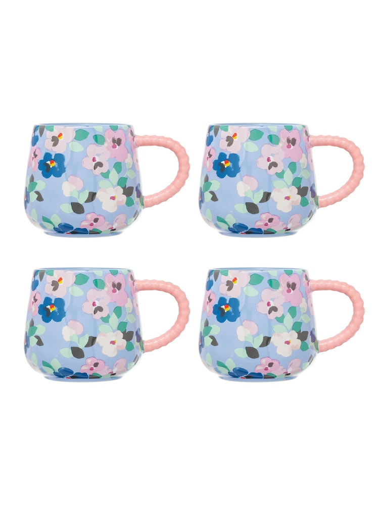 Cath Kidston Set of 4 Blue Painted Pansies Twisted Handle Billie Mugs - Image 2 of 4