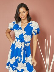 Mela Blue Blossom Print Wrap Dress With Puff Sleeves - Image 1 of 5