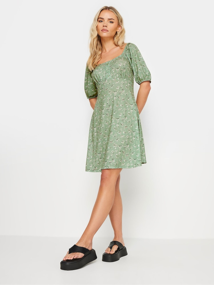 PixieGirl Petite Green PixieGirl Blue Ditsy Floral Print Mini Dress - Image 1 of 5