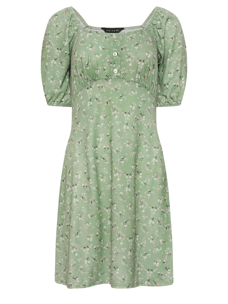 PixieGirl Petite Green PixieGirl Blue Ditsy Floral Print Mini Dress - Image 5 of 5