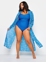 Yours Curve Blue Leopard Print Longline Beach Shirt - Image 1 of 5