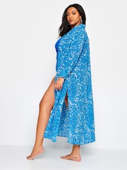 Yours Curve Blue Leopard Print Longline Beach Shirt - Image 3 of 5