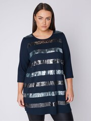 Evans 3/4 Sleeve Sequin Stripe Top - Image 1 of 4