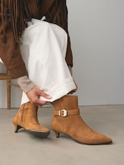 Camel Brown Suede Buckle Detail Western Boho Ankle Boots - Image 3 of 9