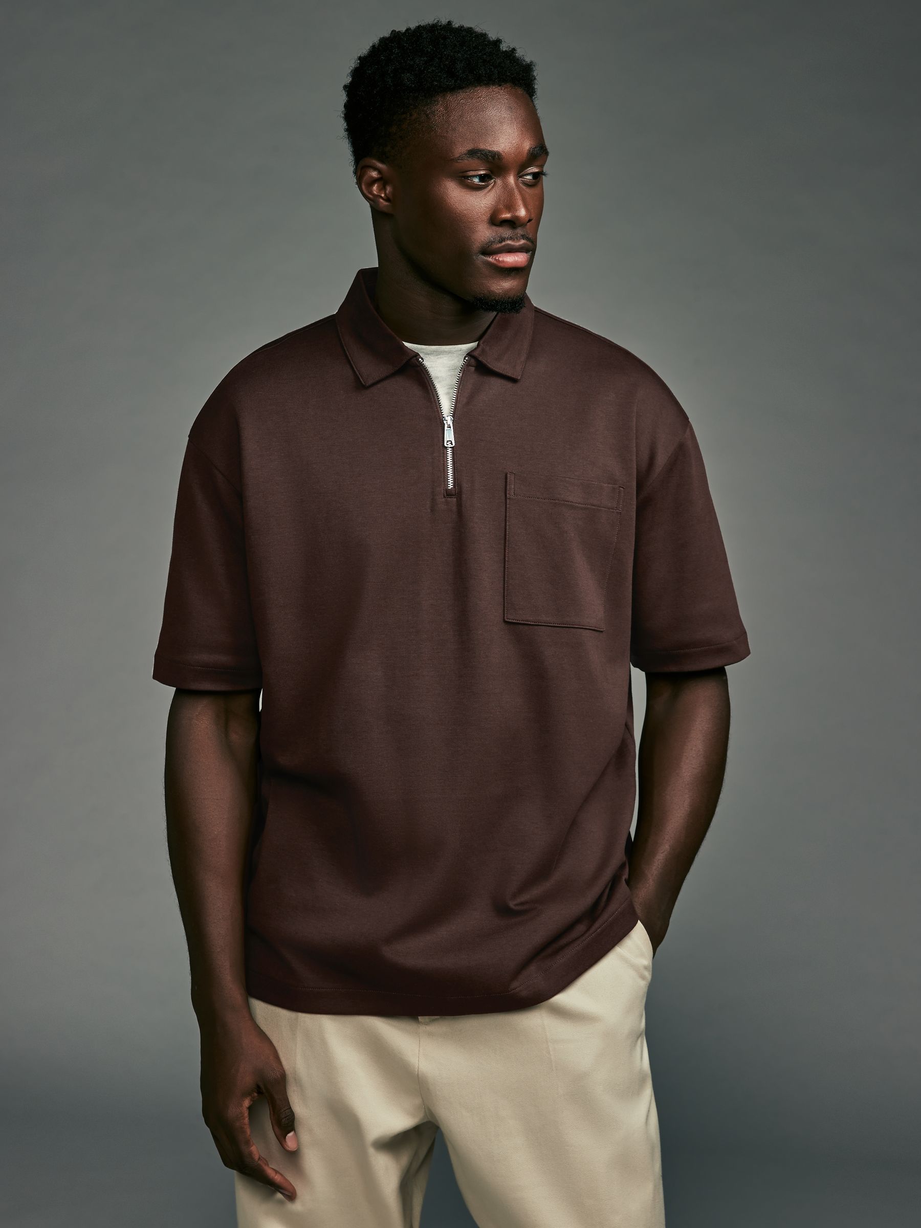 Buy Brown Oversized Heavyweight Quarter Zip Polo Shirt from