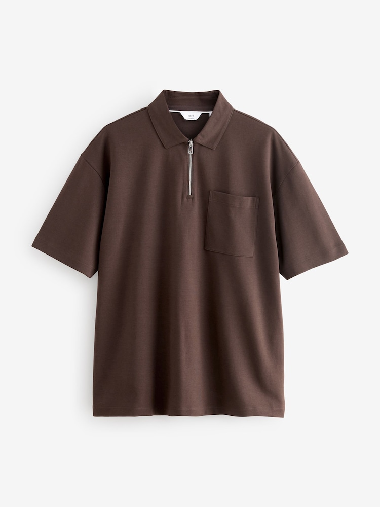 Brown Oversized Heavyweight Quarter Zip Polo Shirt - Image 4 of 6