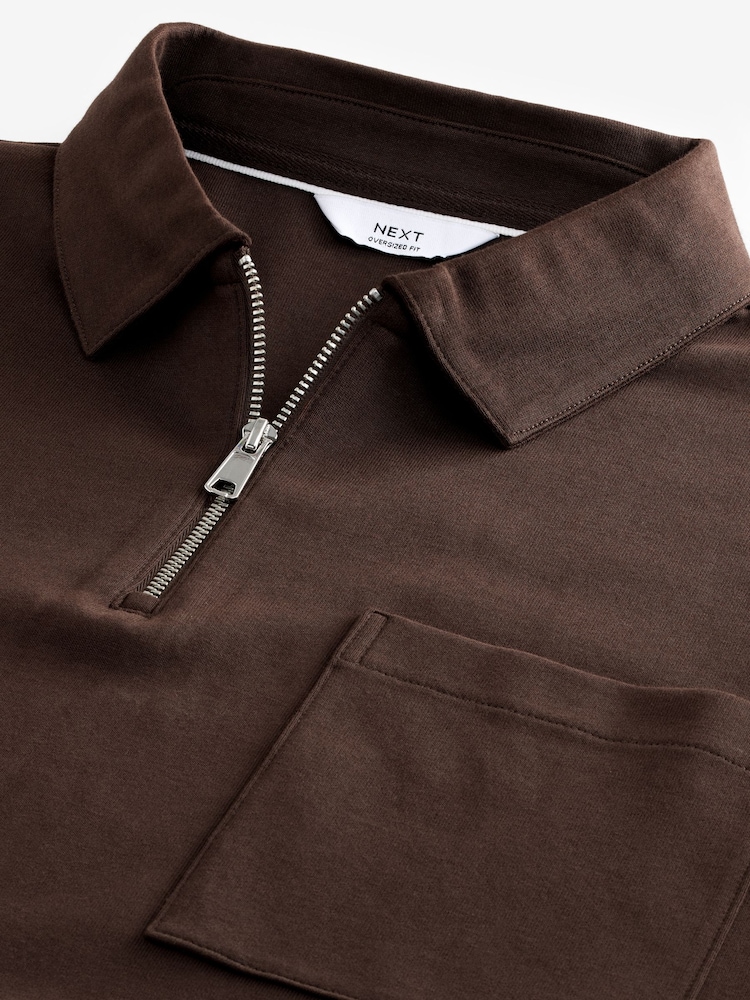 Brown Oversized Heavyweight Quarter Zip Polo Shirt - Image 5 of 6