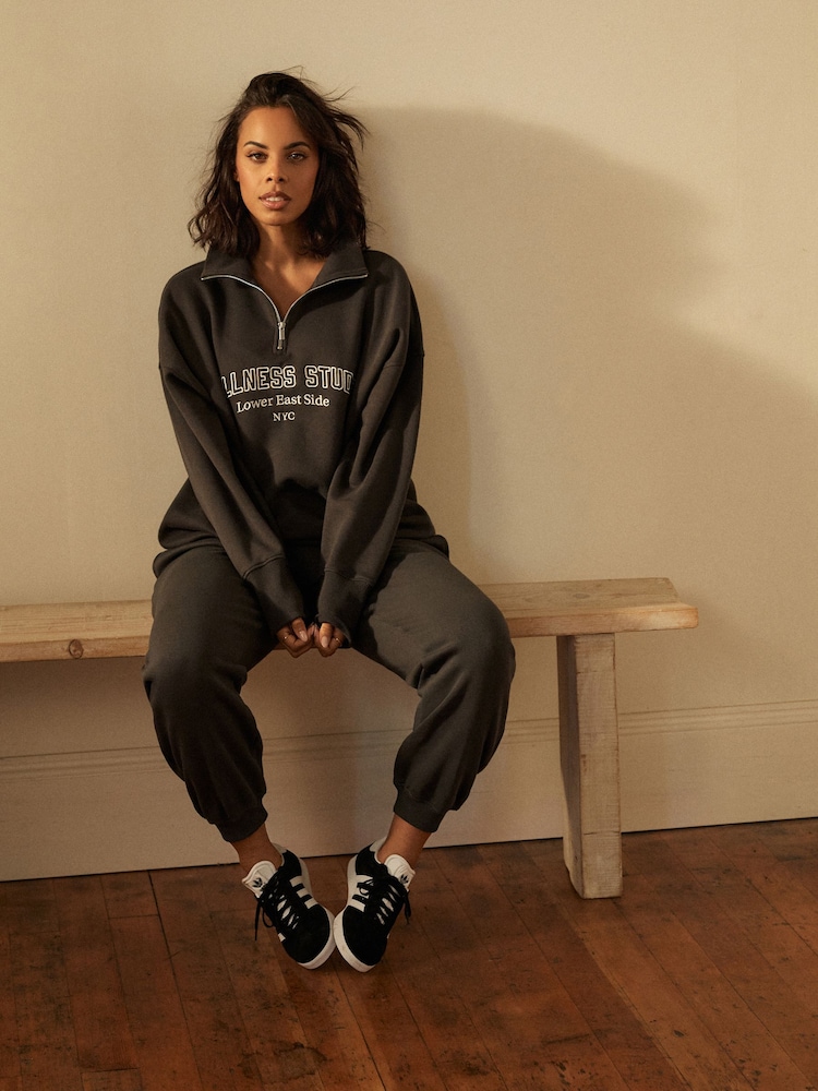 Grey Charcoal Relaxed Fit Cuffed Wellness Slogan Graphic Track Joggers - Image 1 of 6