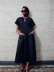 Whistles Poplin Shirred Black Dress - Image 1 of 6