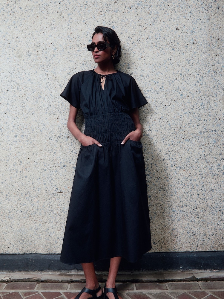 Whistles Poplin Shirred Black Dress - Image 1 of 6