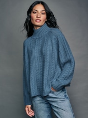 Blue Chambray Cable Knitted Poncho Jumper with Wool - Image 1 of 8