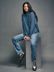 Blue Chambray Cable Knitted Poncho Jumper with Wool - Image 2 of 8