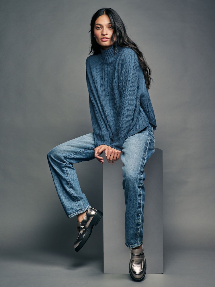 Blue Chambray Cable Knitted Poncho Jumper with Wool - Image 2 of 8