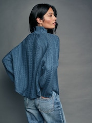 Blue Chambray Cable Knitted Poncho Jumper with Wool - Image 3 of 8