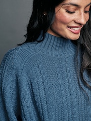 Blue Chambray Cable Knitted Poncho Jumper with Wool - Image 4 of 8
