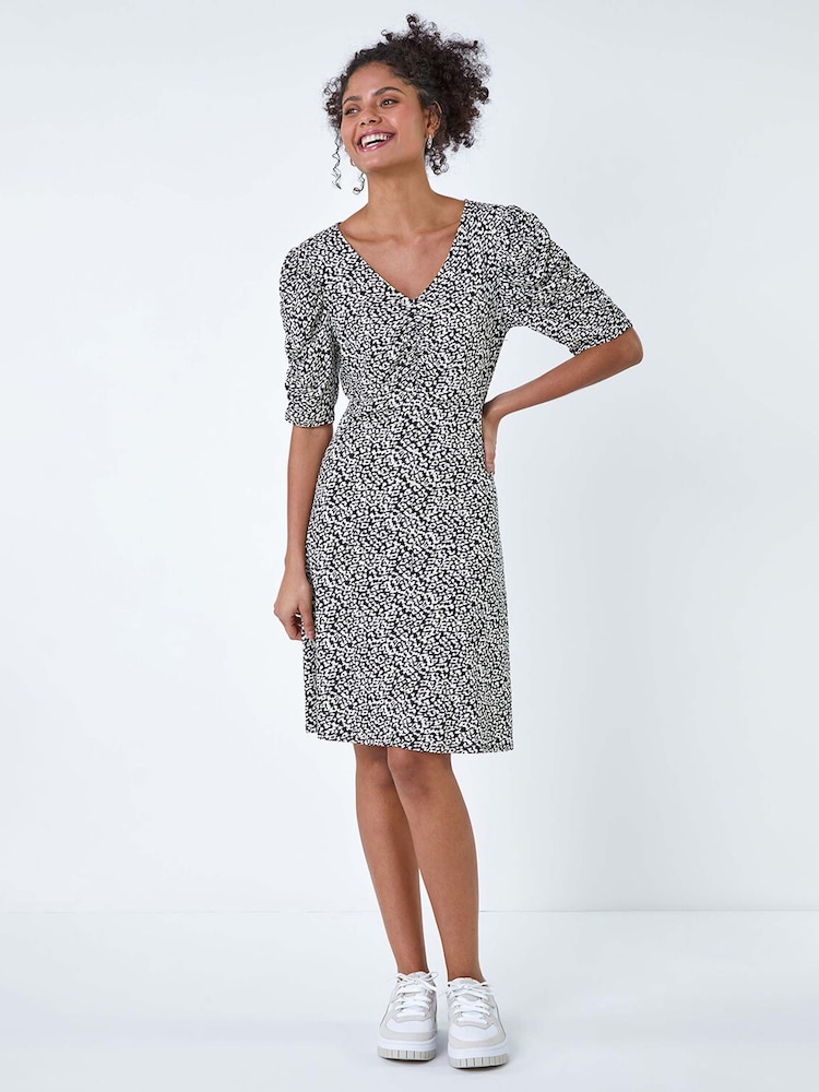 Dusk Black Ditsy Floral Ruched Puff Sleeve Dress - Image 2 of 5