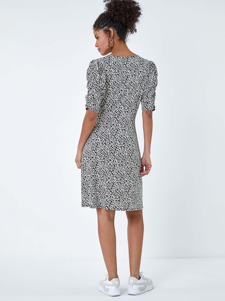 Dusk Black Ditsy Floral Ruched Puff Sleeve Dress - Image 3 of 5