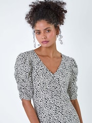 Dusk Black Ditsy Floral Ruched Puff Sleeve Dress - Image 4 of 5