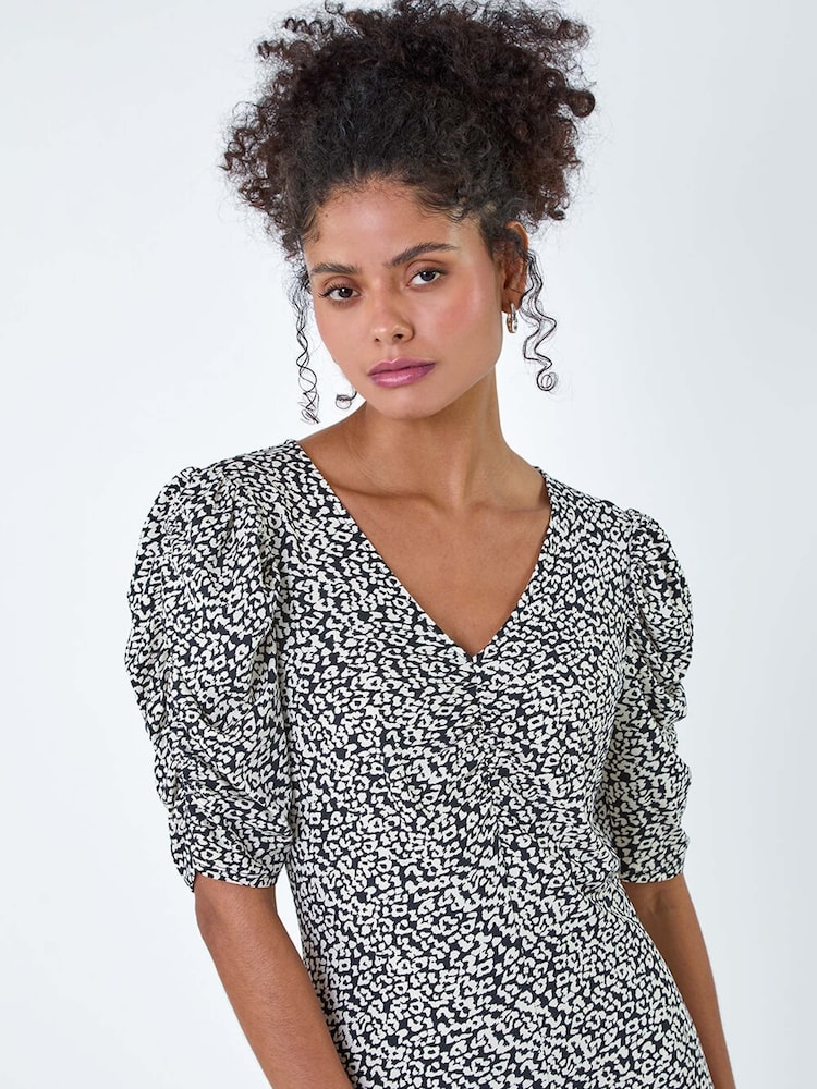 Dusk Black Ditsy Floral Ruched Puff Sleeve Dress - Image 4 of 5