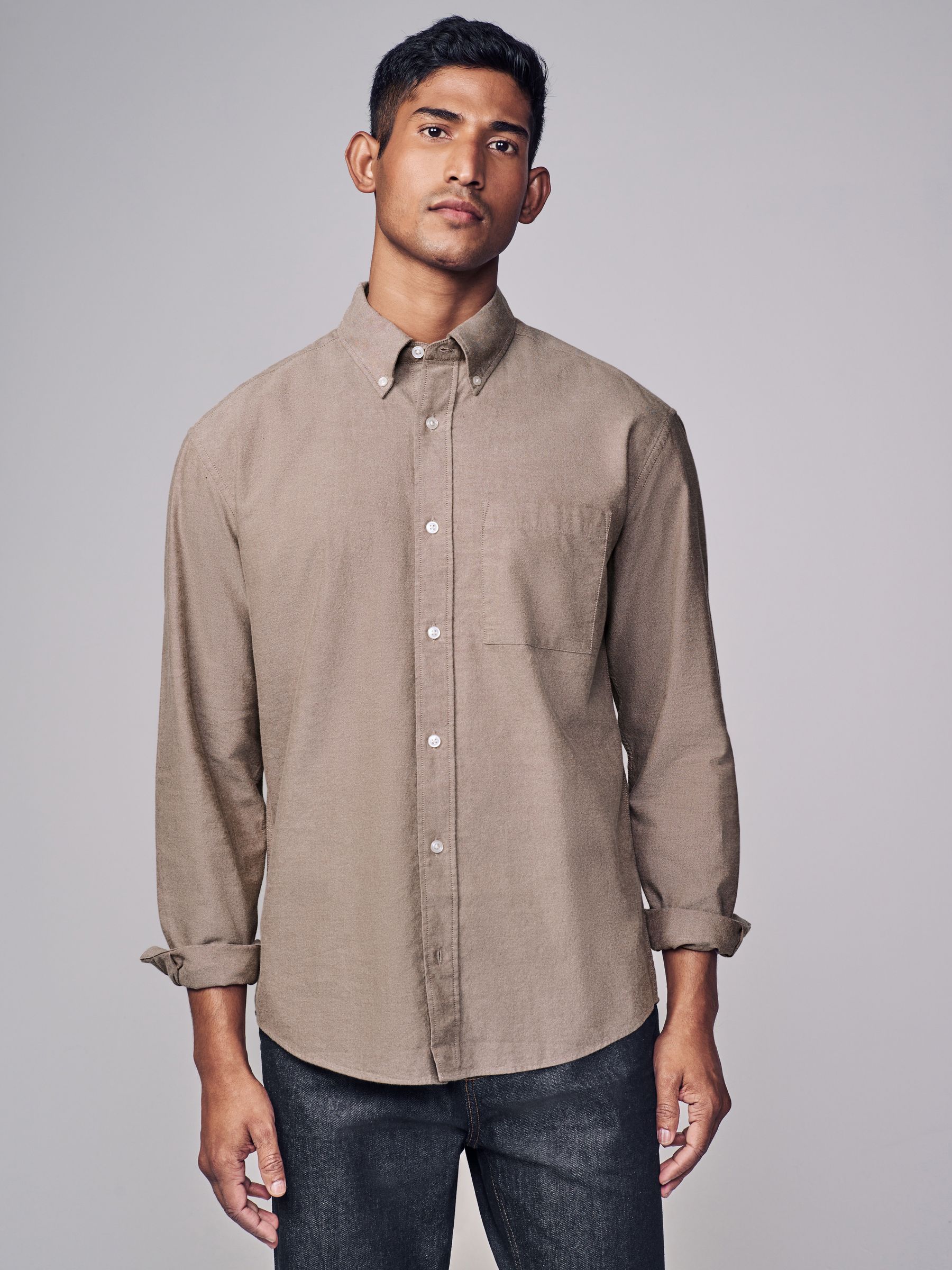 Stone Natural Brushed 100% Cotton Oxford Long Sleeve Shirt