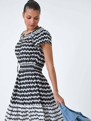 Roman Black Zig Zag Border Print Shirred Dress - Image 1 of 5