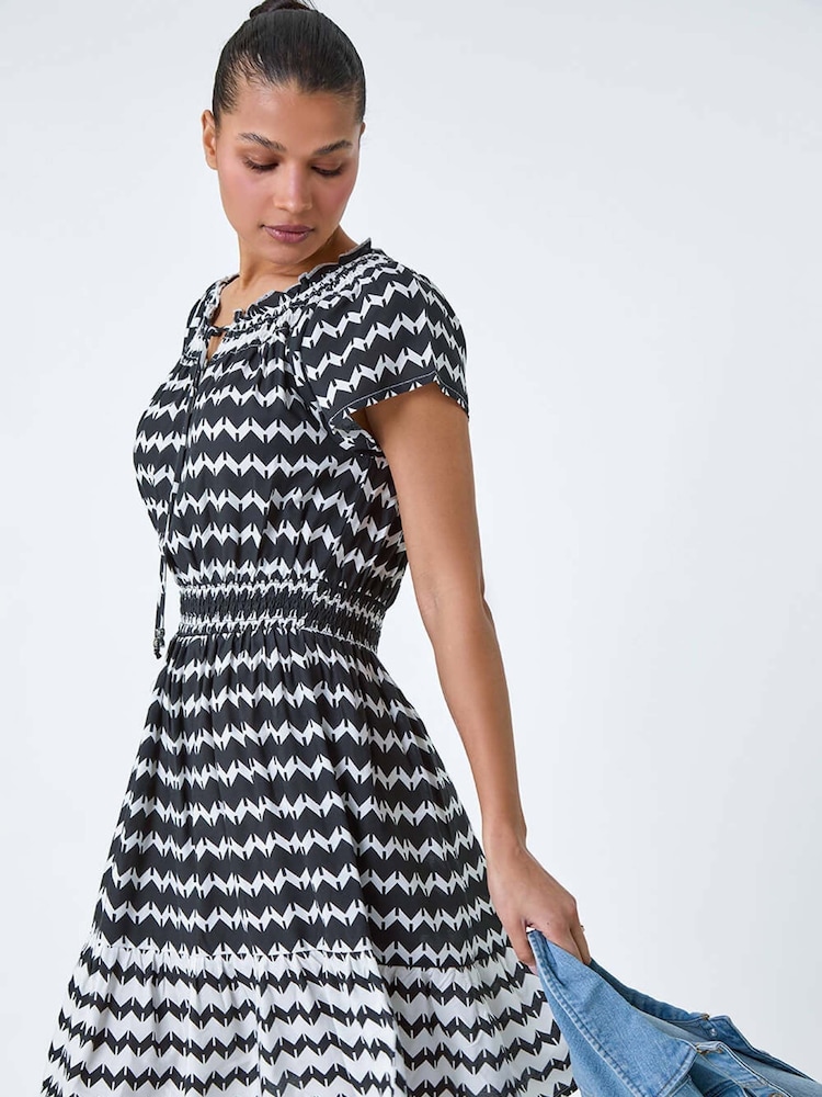 Roman Black Zig Zag Border Print Shirred Dress - Image 1 of 5
