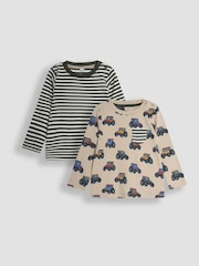 Traktoren-Print und Streifen, Stone - JoJo Maman Bébé Long Sleeve 2-Pack Tops - Bild 1 von 5